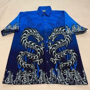 VTG Y2K Dragon AOP Double Side Tribal Baggy Relax Skate JNCO Shirt Blue-M/L-6258